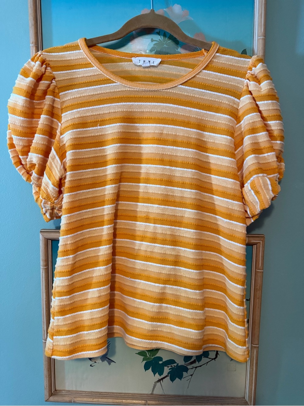 THML Yellow and White Striped Puff Sleeve Short Sleeve Tee